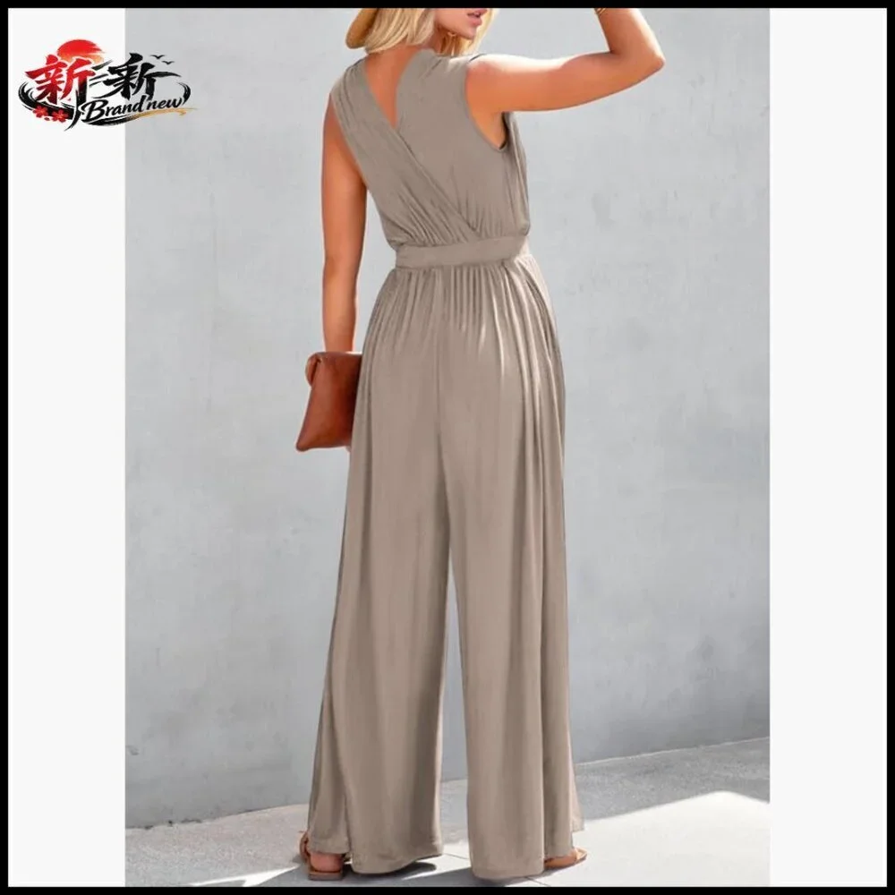 Sleeveless Jumpsuit Wrapped V Neck Wide Leg Pants Side Pockets